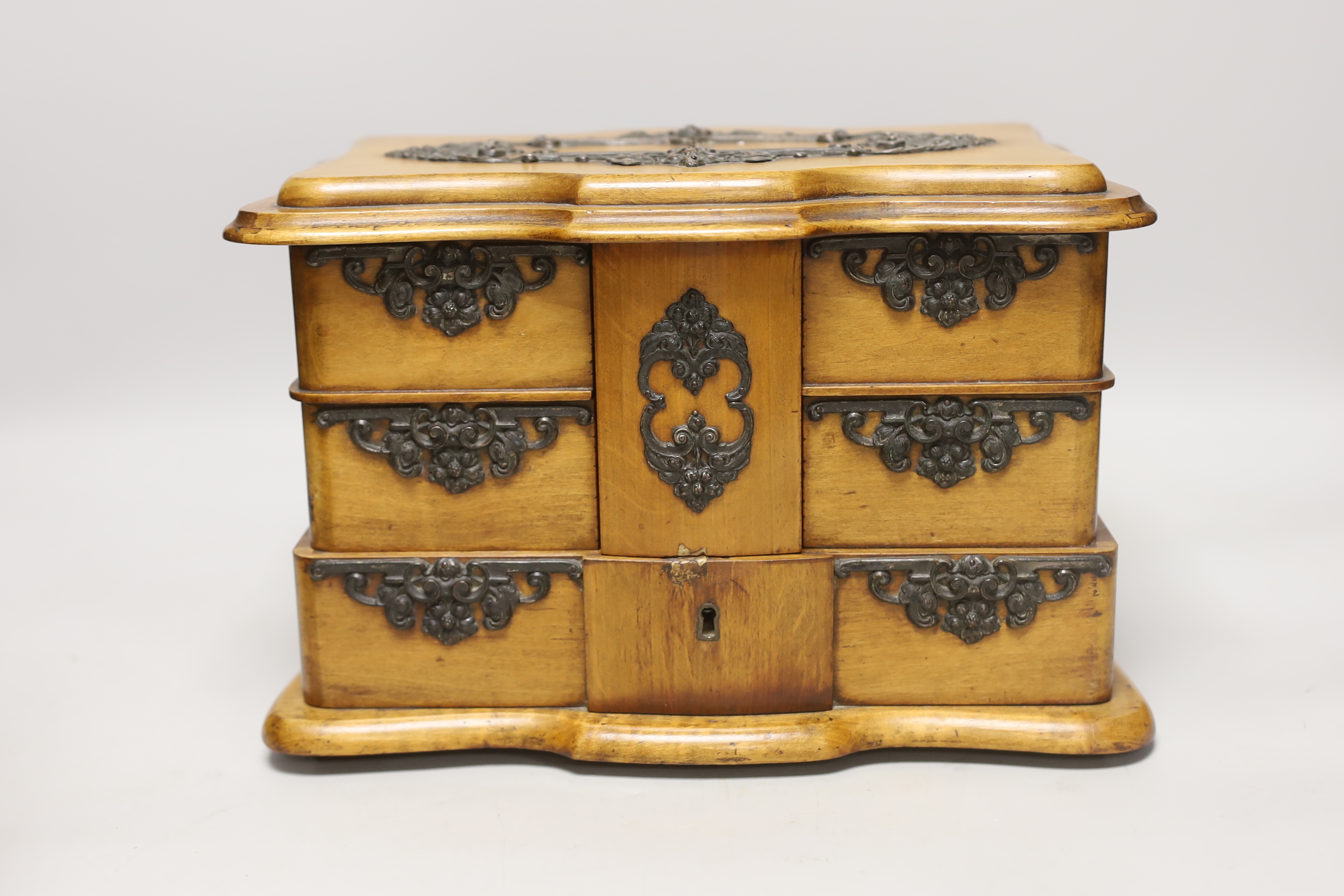 A Victorian miniature burr walnut bow fronted chest and a beech jewellery box, chest 29cm